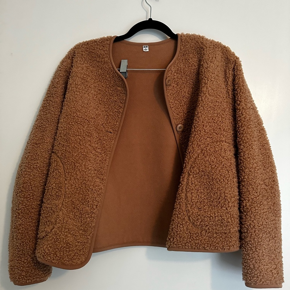 Uniqlo teddy fleece crew neck jacket - blush - S